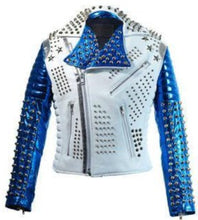 Load image into Gallery viewer, Men&#39;s White Blue Studded Leather Stylish Fashion Jacket - Shearling leather
