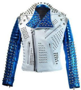 Men's White Blue Studded Leather Stylish Fashion Jacket - Shearling leather