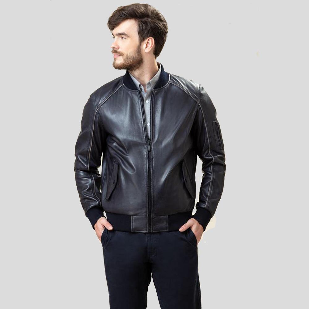 Abramo Black Bomber Lambskin Leather Jacket - Shearling leather