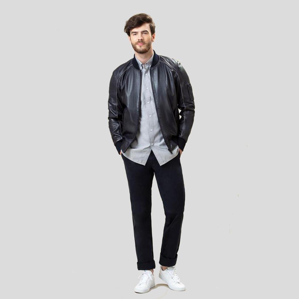 Abramo Black Bomber Lambskin Leather Jacket - Shearling leather