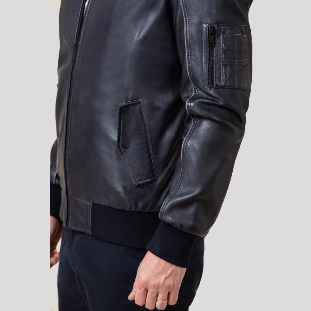 Abramo Black Bomber Lambskin Leather Jacket - Shearling leather