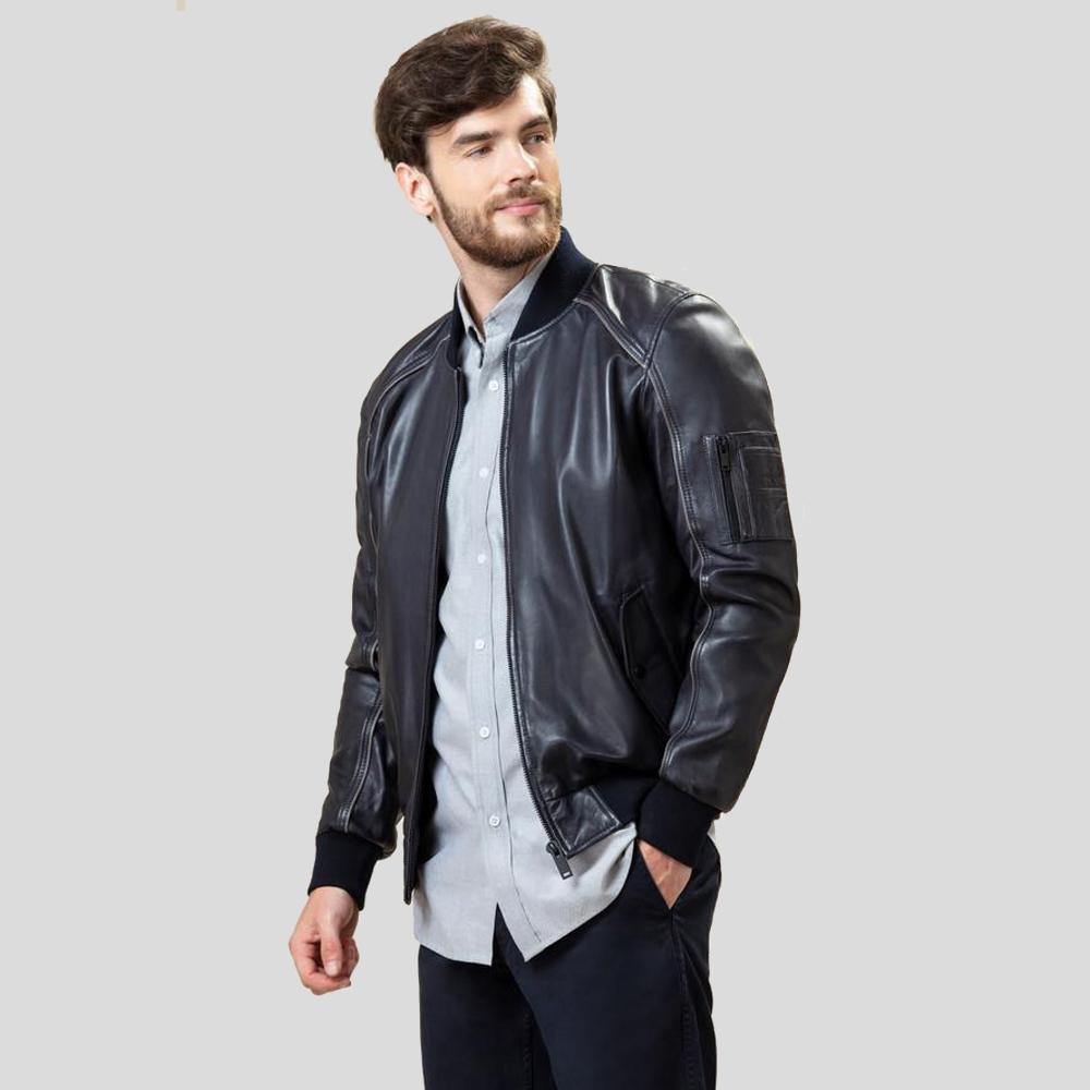 Abramo Black Bomber Lambskin Leather Jacket - Shearling leather