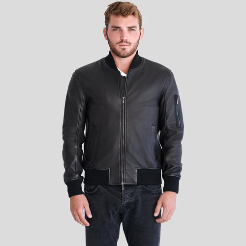 Clark Black Bomber Lambskin Leather Jacket - Shearling leather