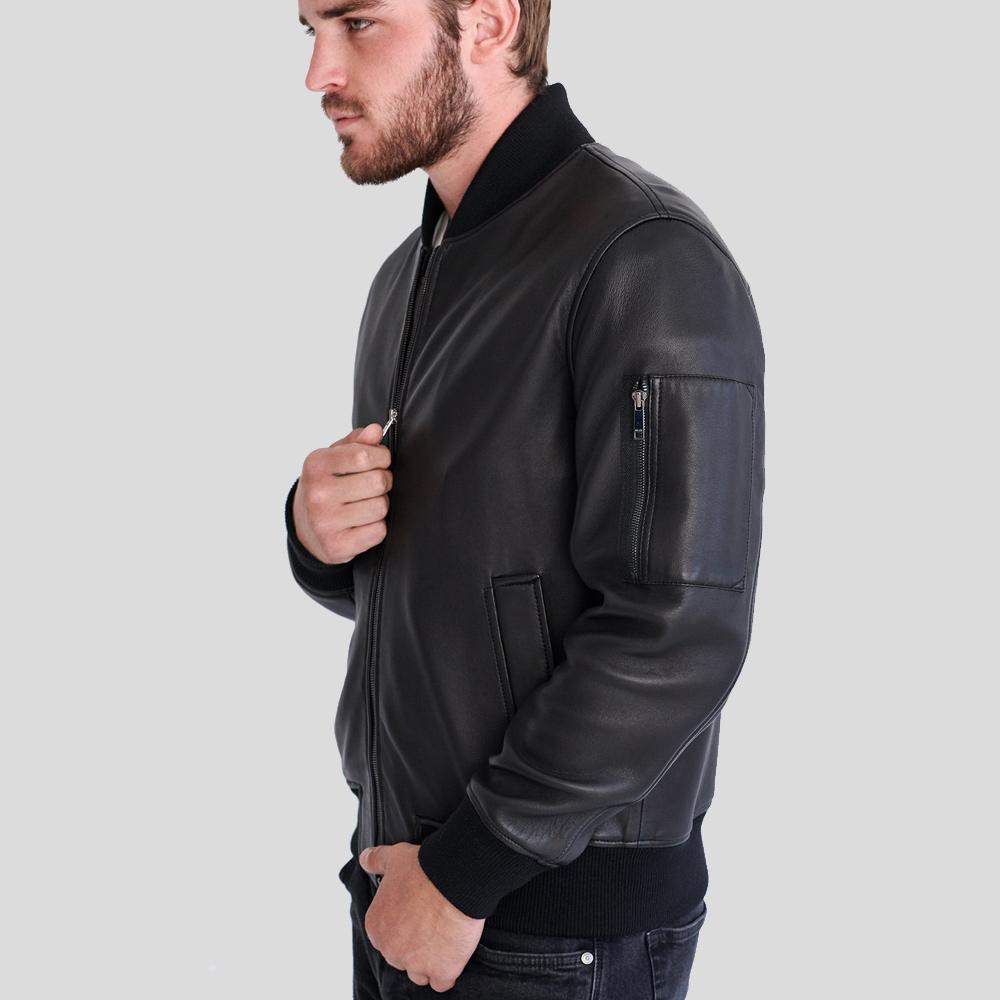 Clark Black Bomber Lambskin Leather Jacket - Shearling leather