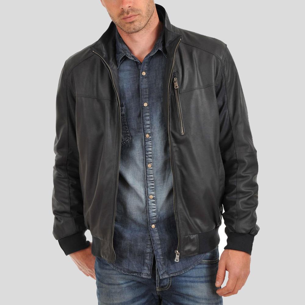 Cole Black Bomber Leather Jacket - Shearling leather
