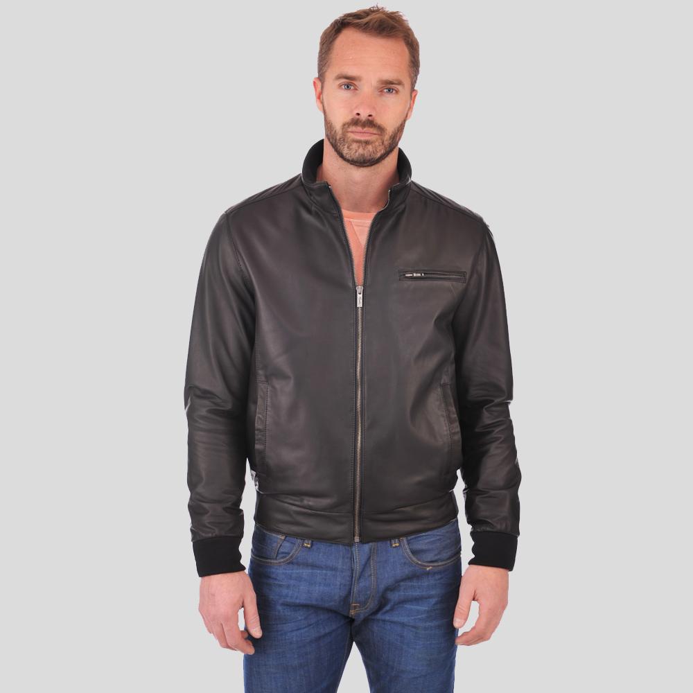 Flynn Black Bomber Leather Jacket - Shearling leather