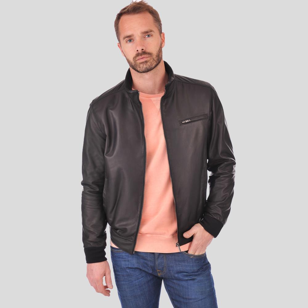 Flynn Black Bomber Leather Jacket - Shearling leather