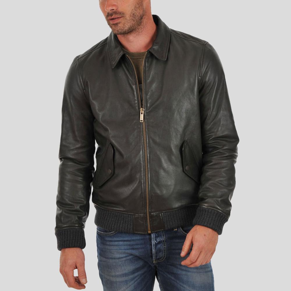 Ioan Black Bomber Leather Jacket - Shearling leather