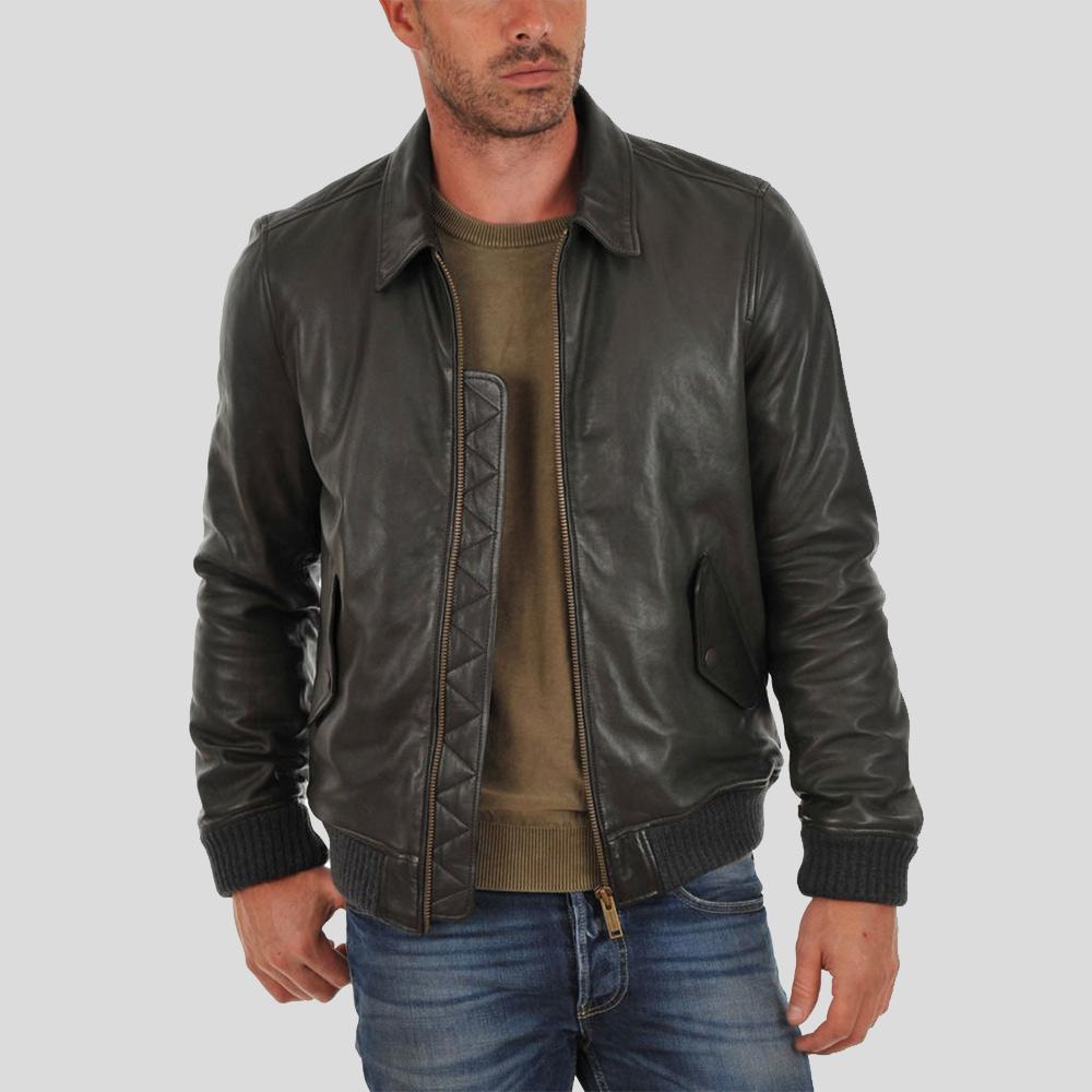 Ioan Black Bomber Leather Jacket - Shearling leather
