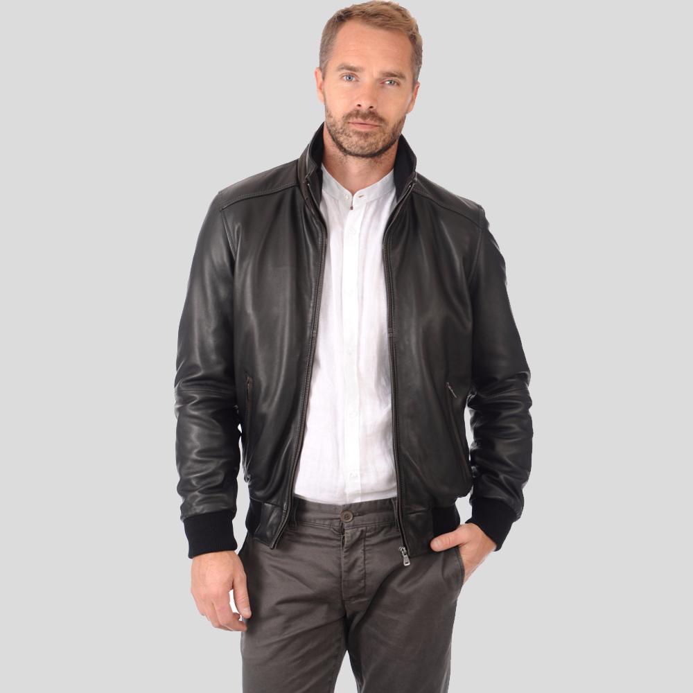 Kian Black Bomber Leather Jacket - Shearling leather