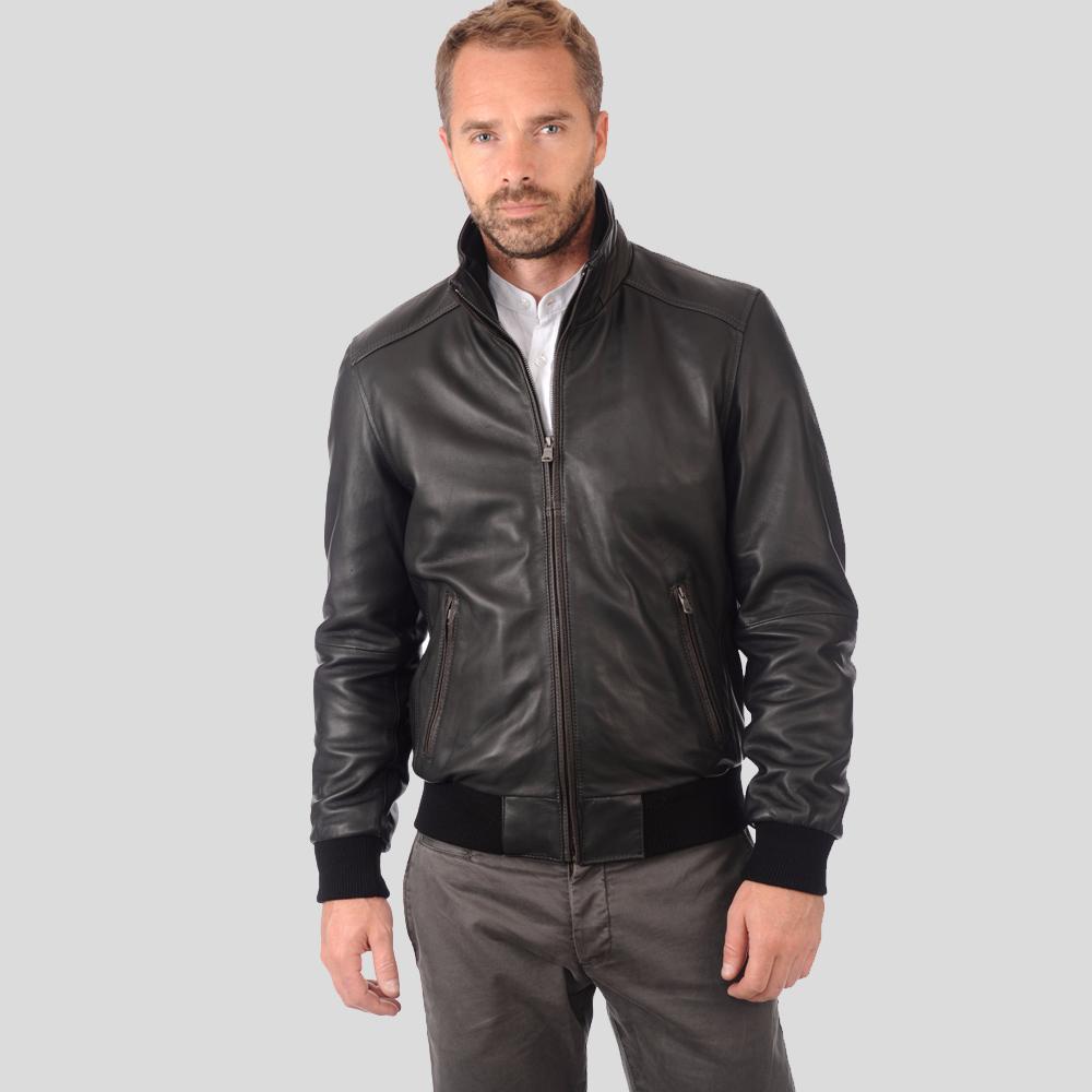 Kian Black Bomber Leather Jacket - Shearling leather