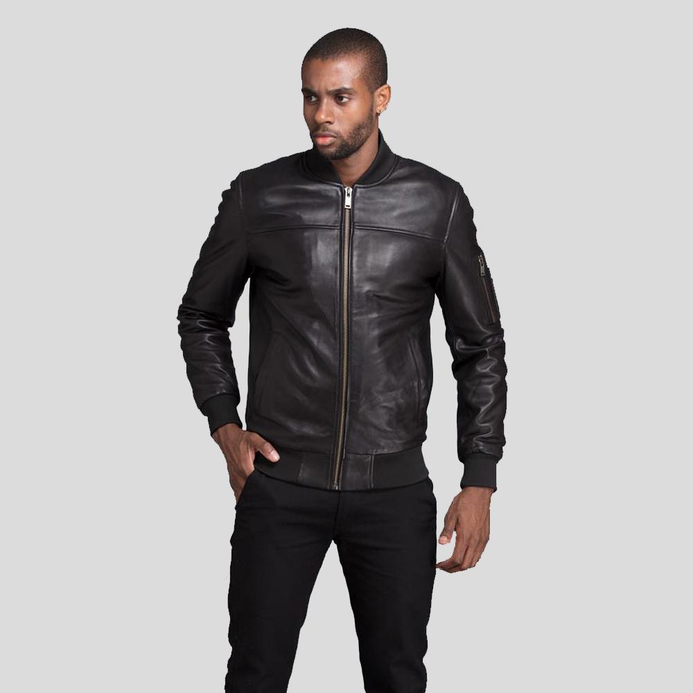 Kyros Black Bomber Genuine Leather Jacket - Shearling leather