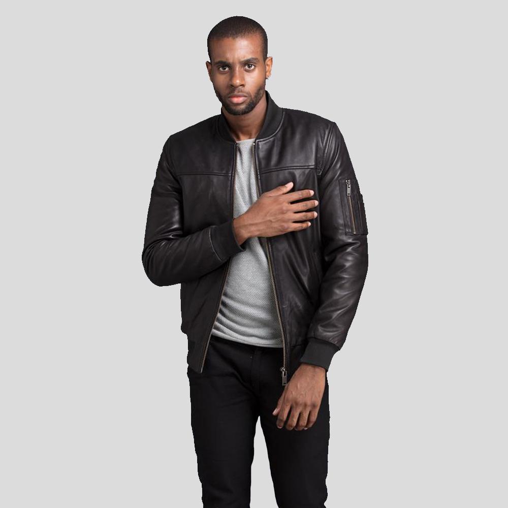 Kyros Black Bomber Genuine Leather Jacket - Shearling leather