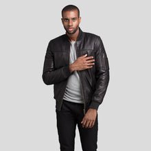Load image into Gallery viewer, Kyros Black Bomber Genuine Leather Jacket - Shearling leather
