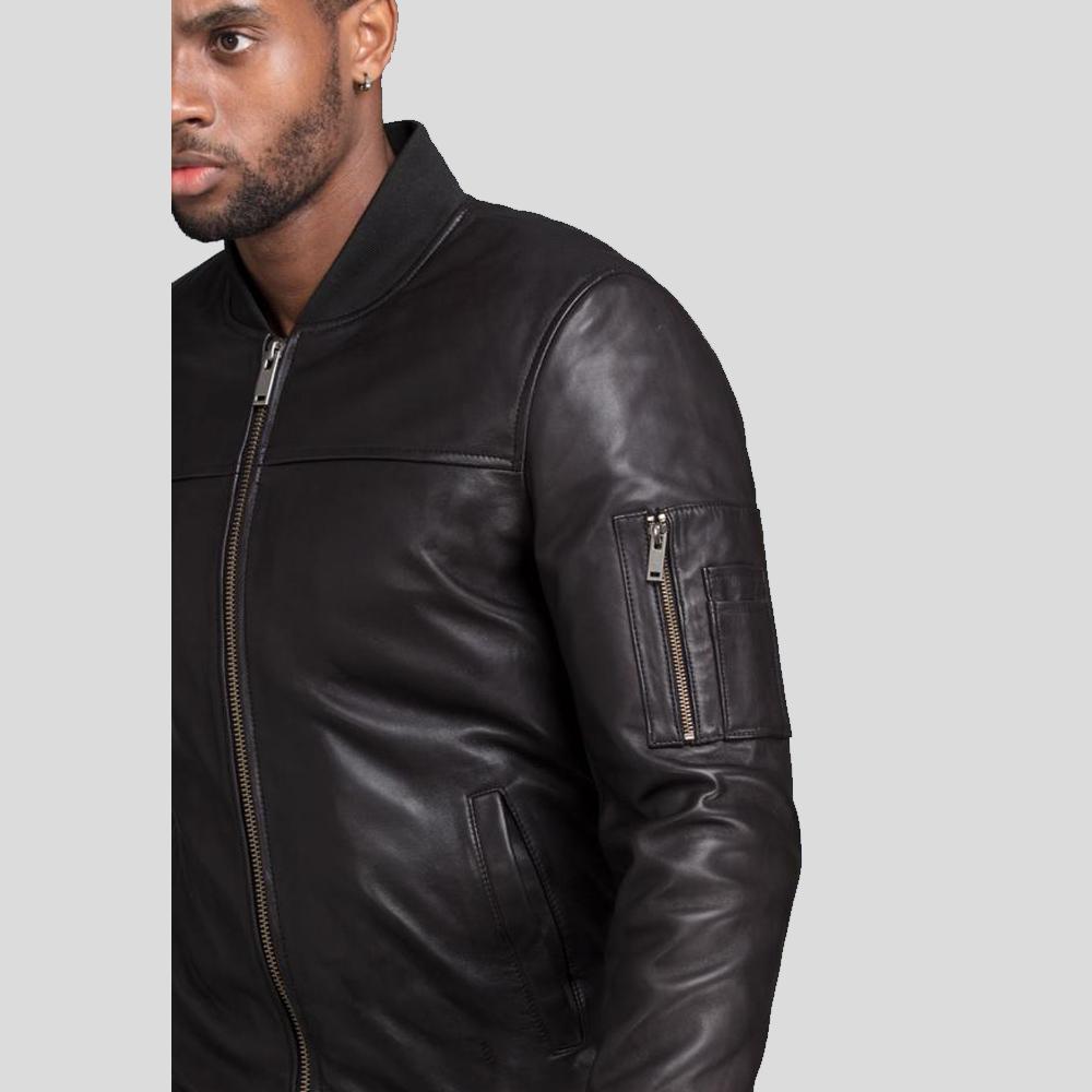Kyros Black Bomber Genuine Leather Jacket - Shearling leather