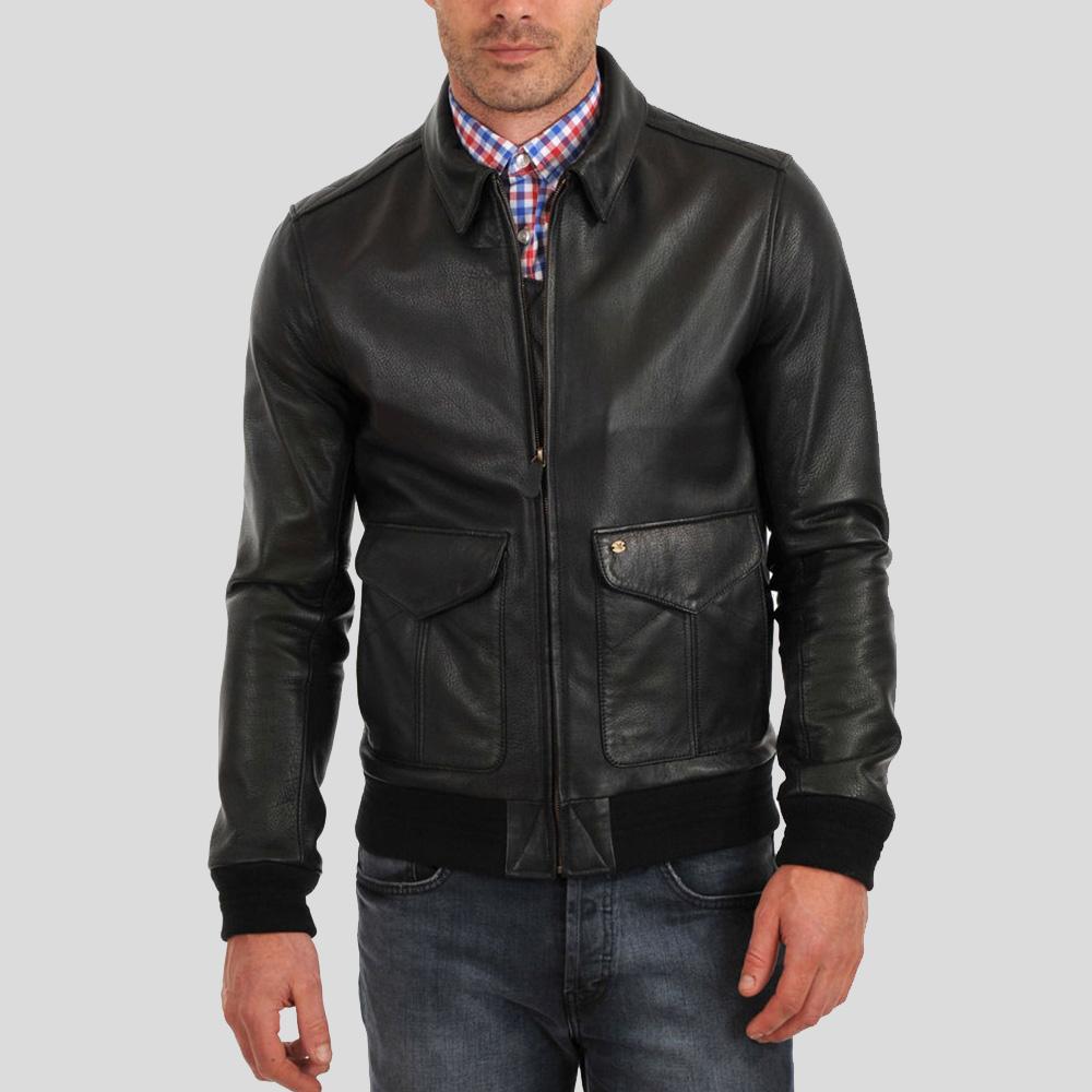 Osian Black Bomber Leather Jacket - Shearling leather