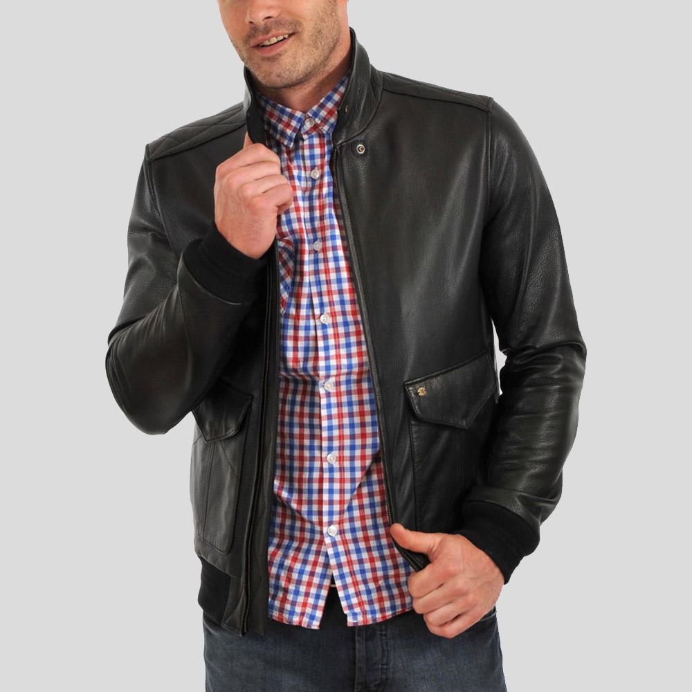 Osian Black Bomber Leather Jacket - Shearling leather