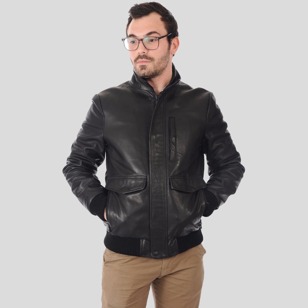 Reece Black Bomber Leather Jacket - Shearling leather