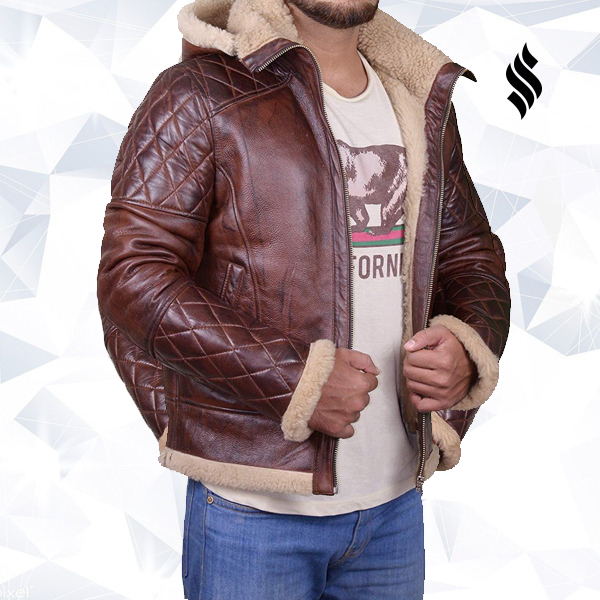 MEN BROWN SHEARLING JACKET WITH HOODIE - Shearling leather