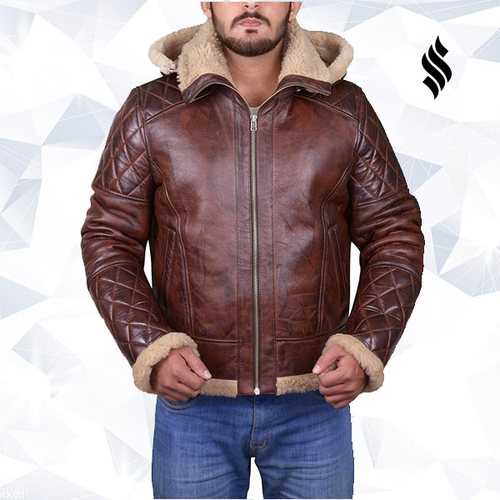 MEN BROWN SHEARLING JACKET WITH HOODIE - Shearling leather