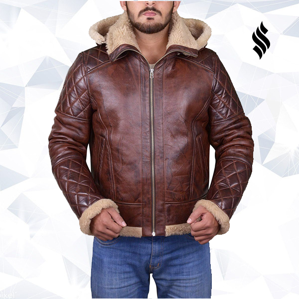 MEN BROWN SHEARLING JACKET WITH HOODIE - Shearling leather