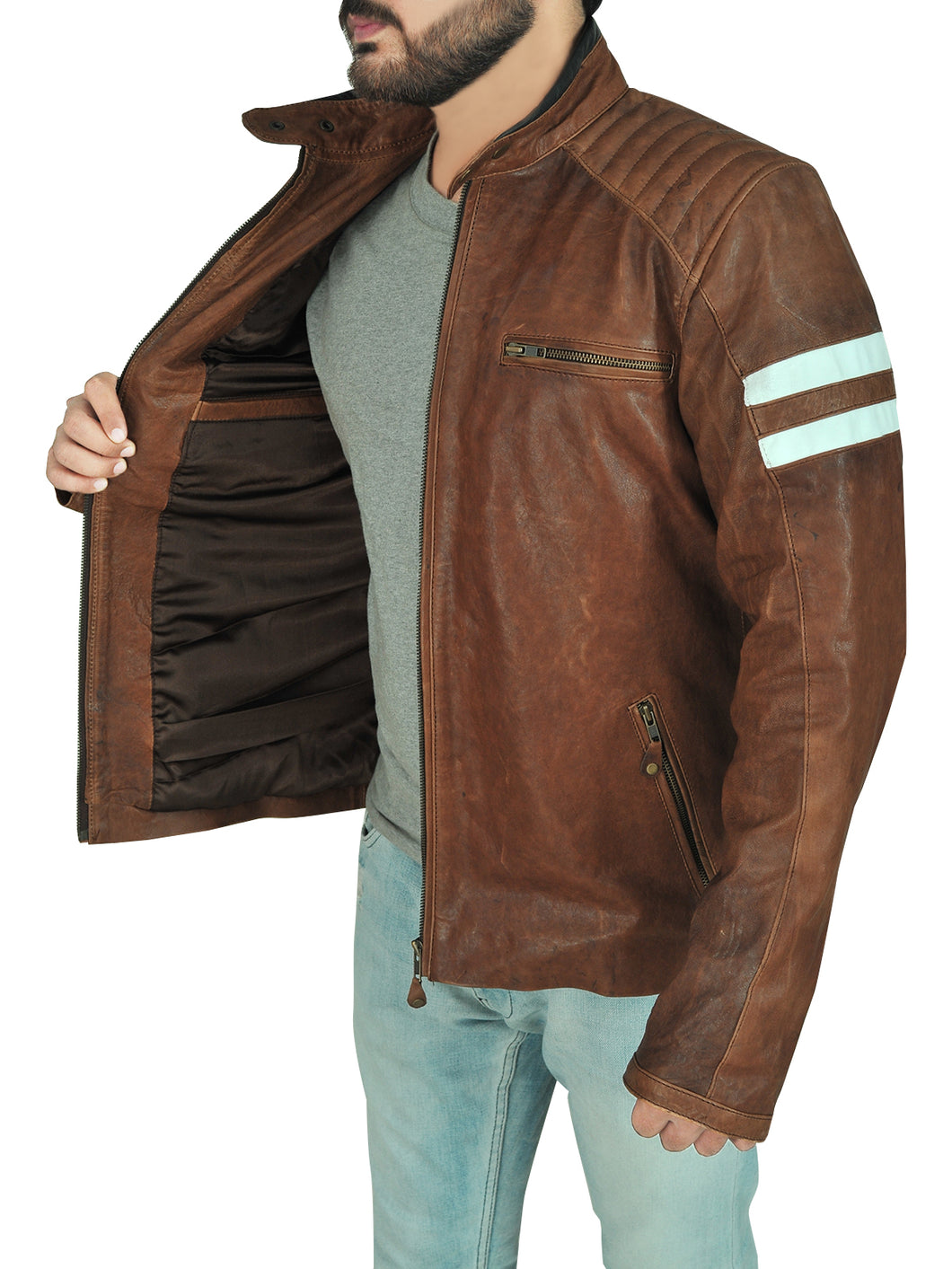 Classic Brown Leather Biker Jacket - Shearling leather