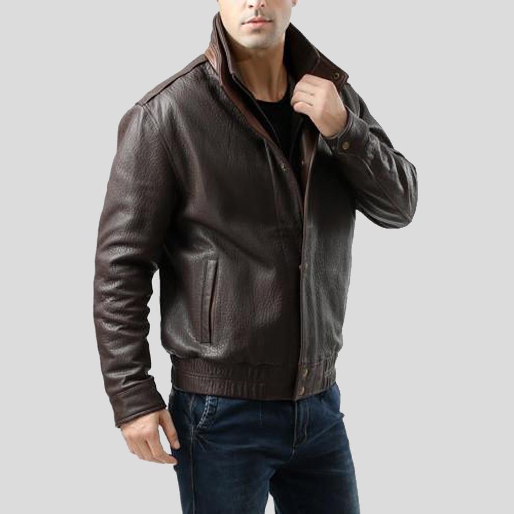 Chek Brown Bomber Leather Jacket - Shearling leather