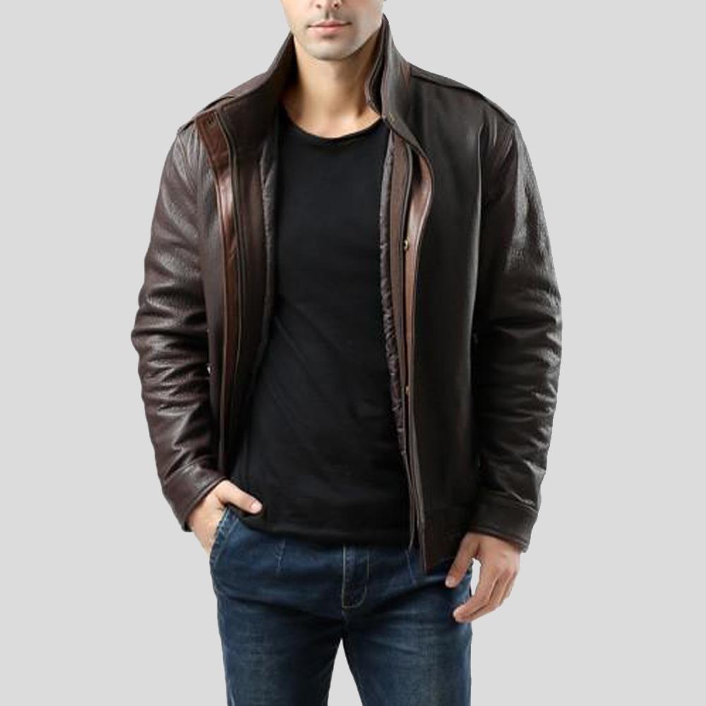 Chek Brown Bomber Leather Jacket - Shearling leather