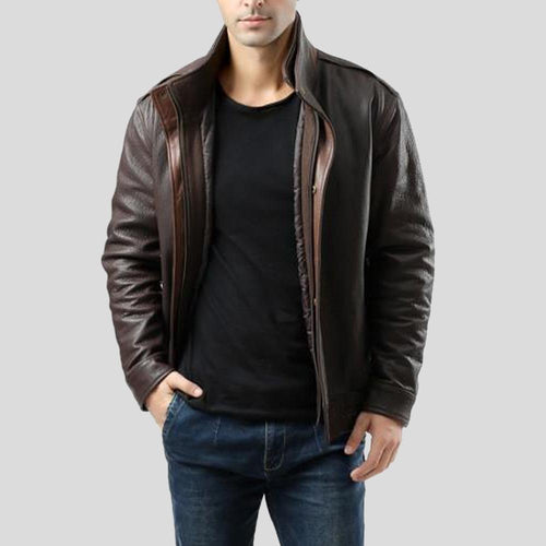 Chek Brown Bomber Leather Jacket - Shearling leather