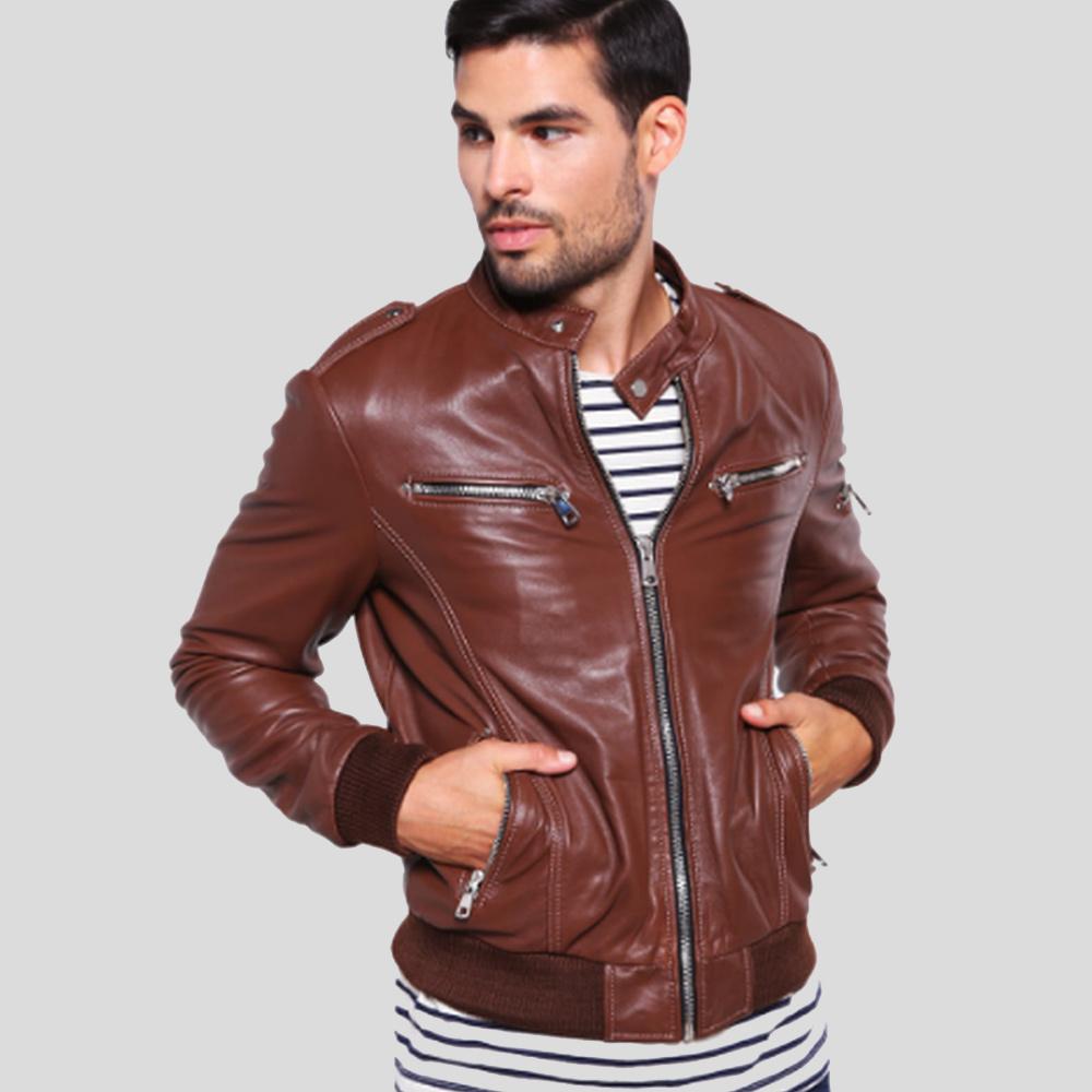 Fonz Brown Bomber Leather Jacket - Shearling leather