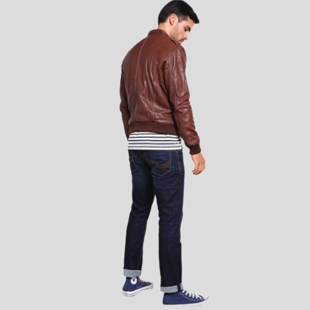 Fonz Brown Bomber Leather Jacket - Shearling leather