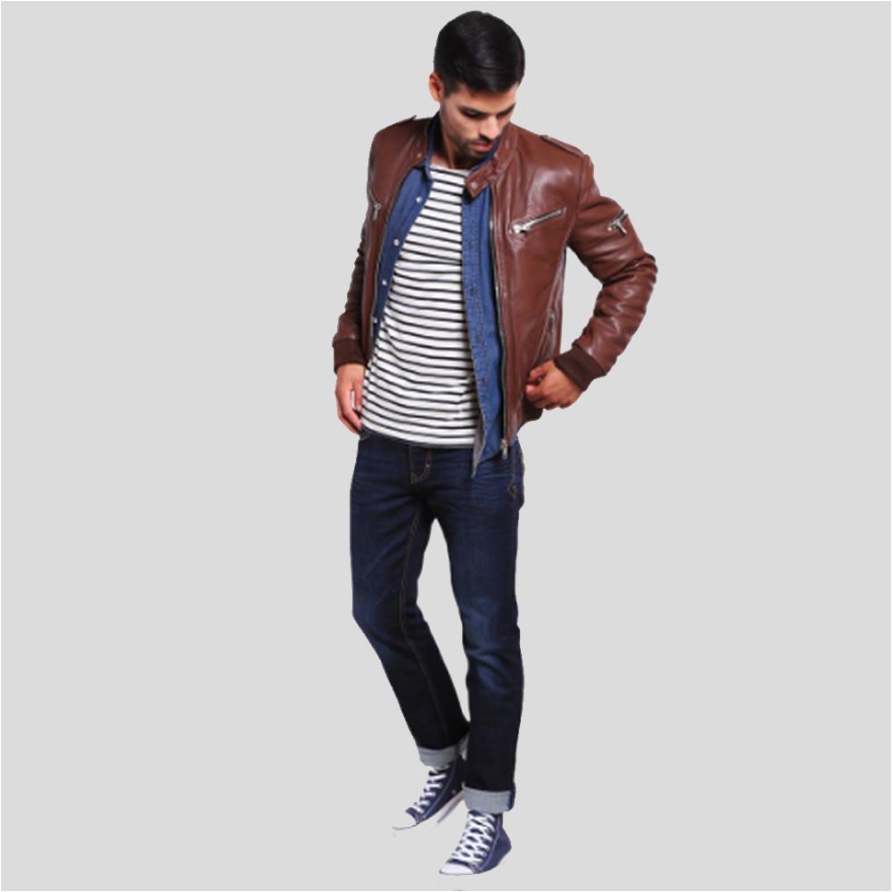 Fonz Brown Bomber Leather Jacket - Shearling leather