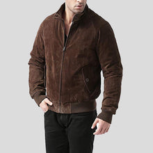 Load image into Gallery viewer, Harry Suede Brown Bomber Leather Jacket - Shearling leather
