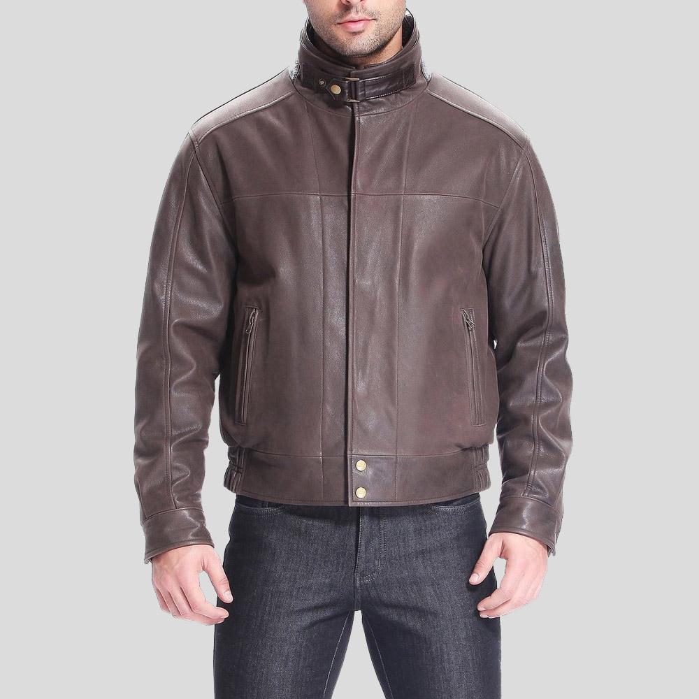 Lee Distressed Brown Bomber Leather Jacket - Shearling leather
