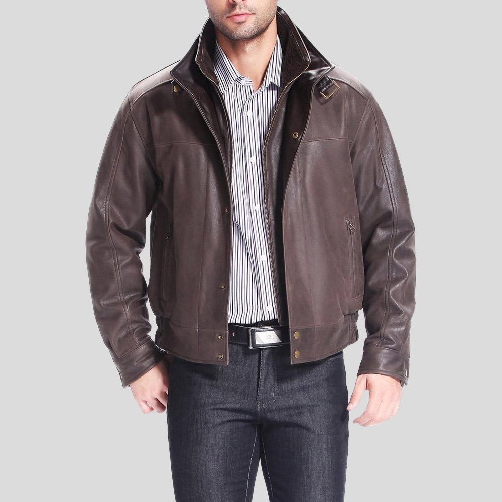 Lee Distressed Brown Bomber Leather Jacket - Shearling leather