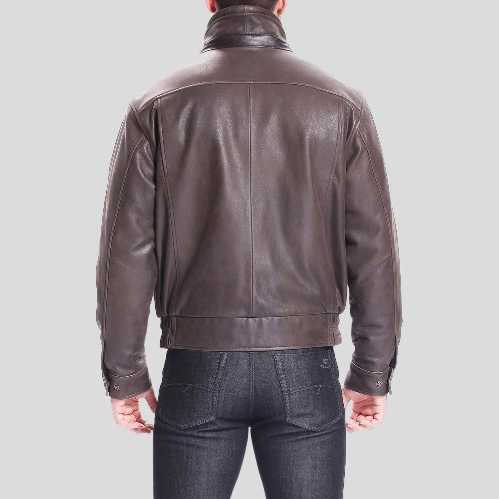 Lee Distressed Brown Bomber Leather Jacket - Shearling leather
