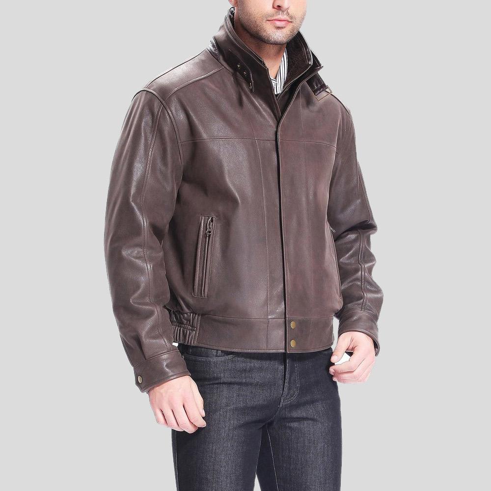 Lee Distressed Brown Bomber Leather Jacket - Shearling leather