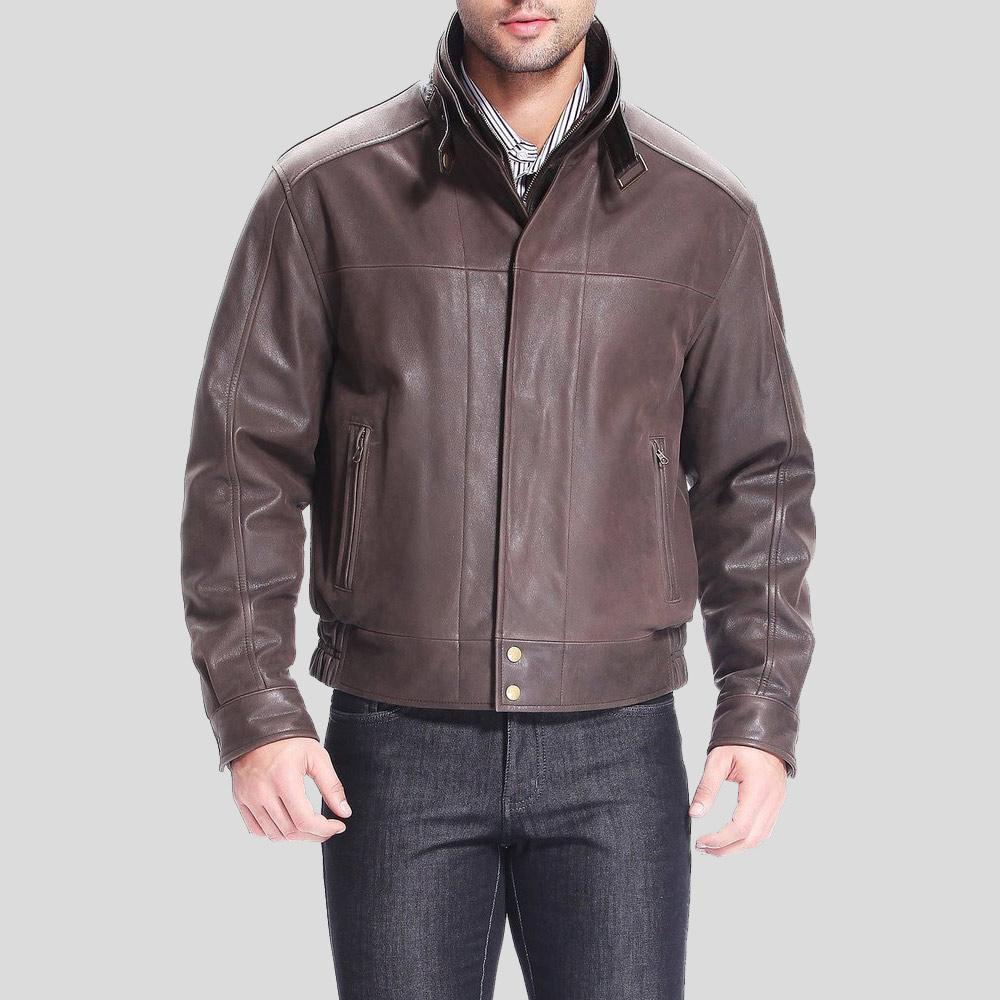 Lee Distressed Brown Bomber Leather Jacket - Shearling leather