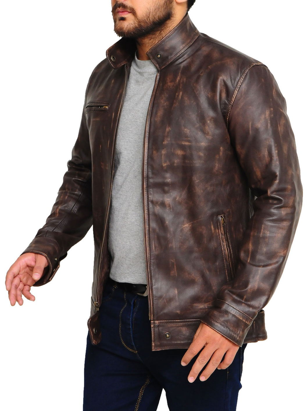 Distressed Brown Snap Tab Jacket - Shearling leather