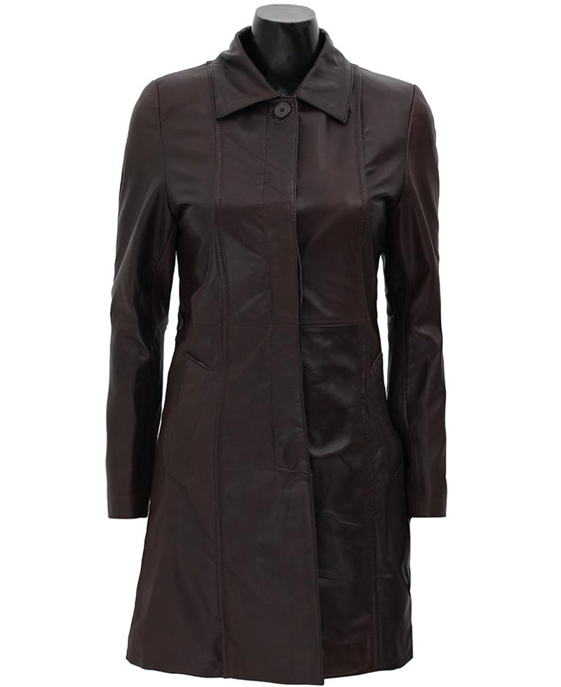 Dark Brown Leather Coat for Women With Removable Fur Hood