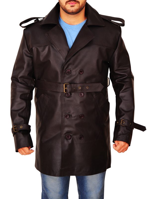 Men Brown Leather Peacoat - Shearling leather