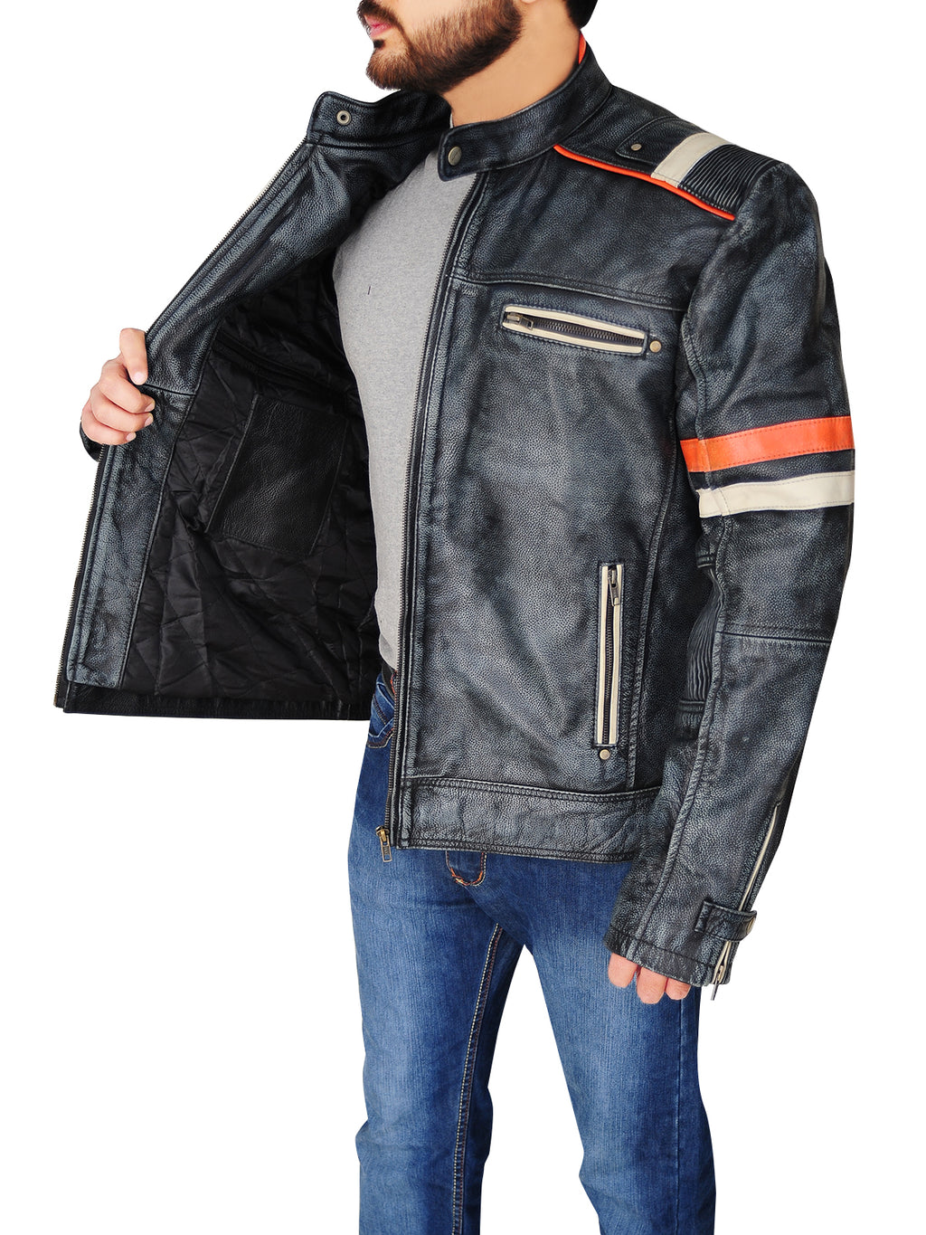 Men Distressed Black Cafe Racer Jacket - Shearling leather