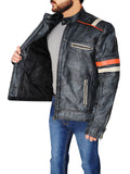 Men Distressed Black Cafe Racer Jacket - Shearling leather