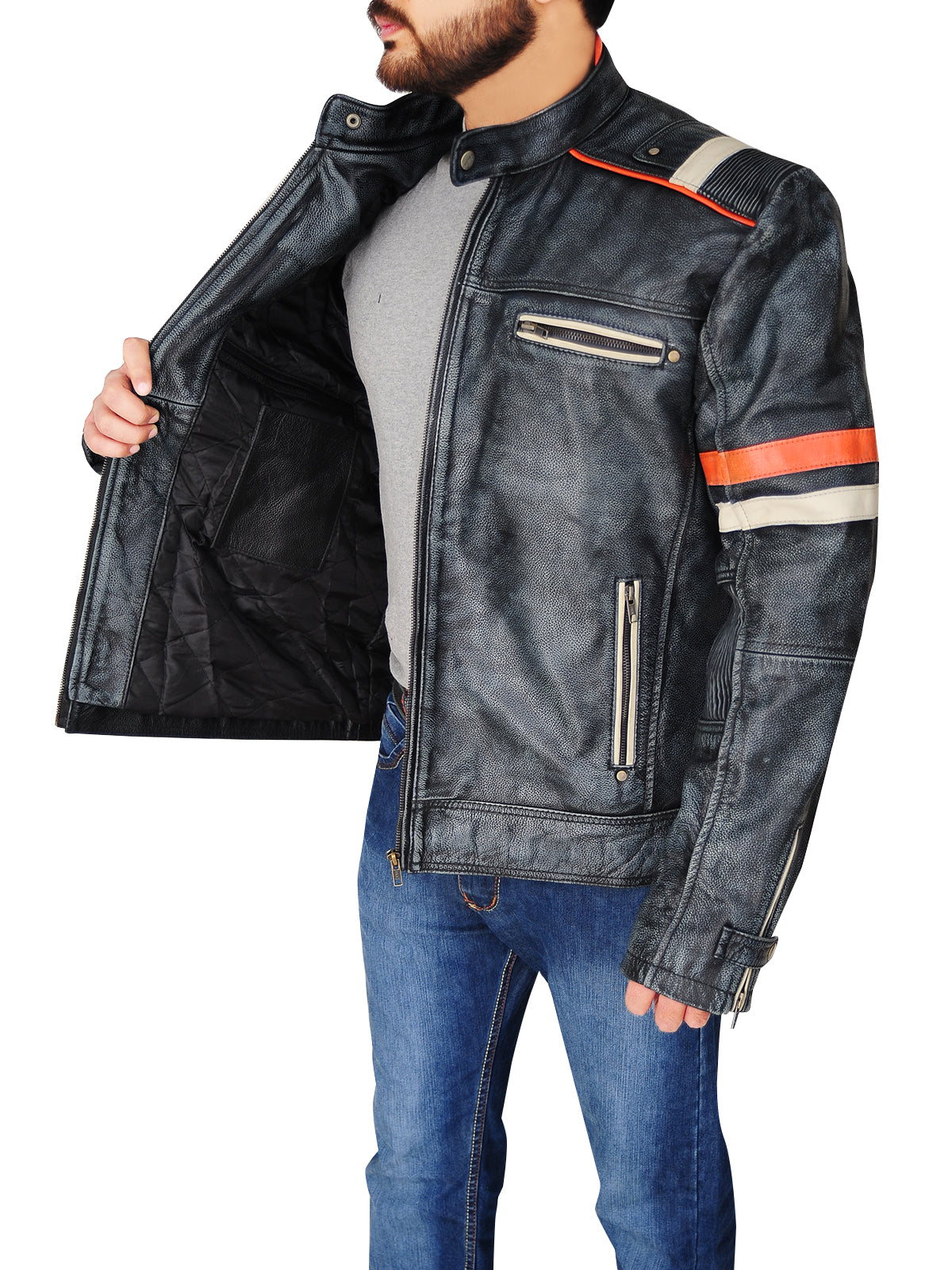 Men Distressed Black Cafe Racer Jacket - Shearling leather