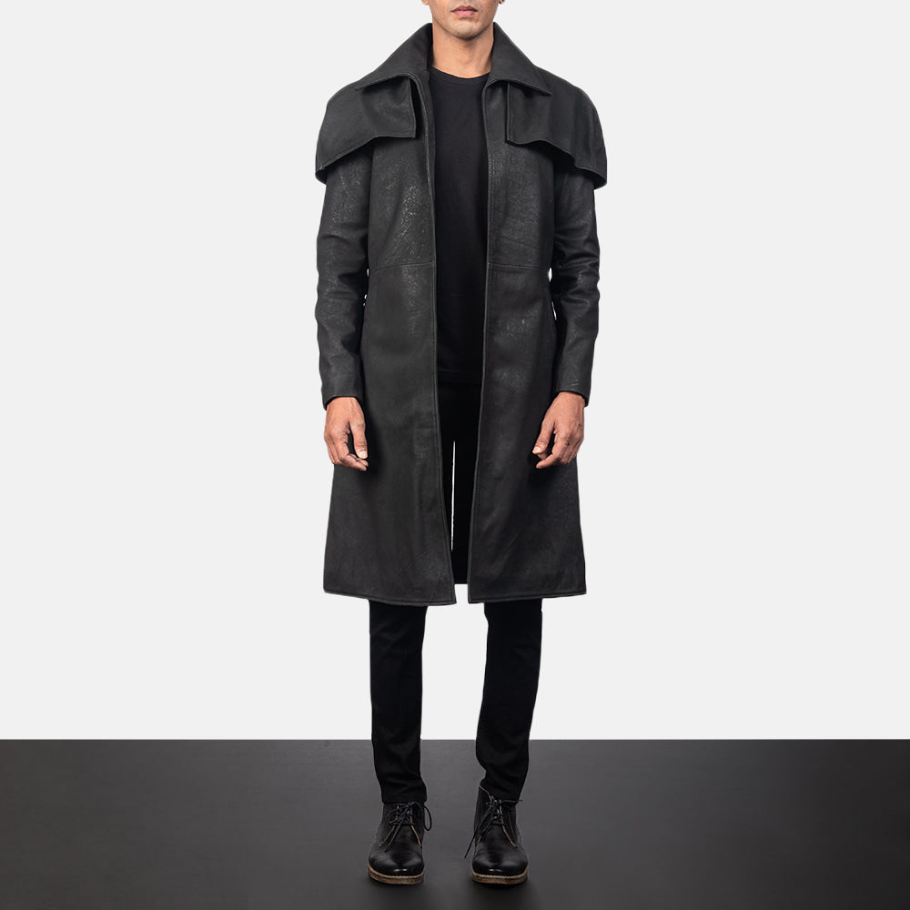 Mens Classic Black Sheepskin Leather Dustoer Coat