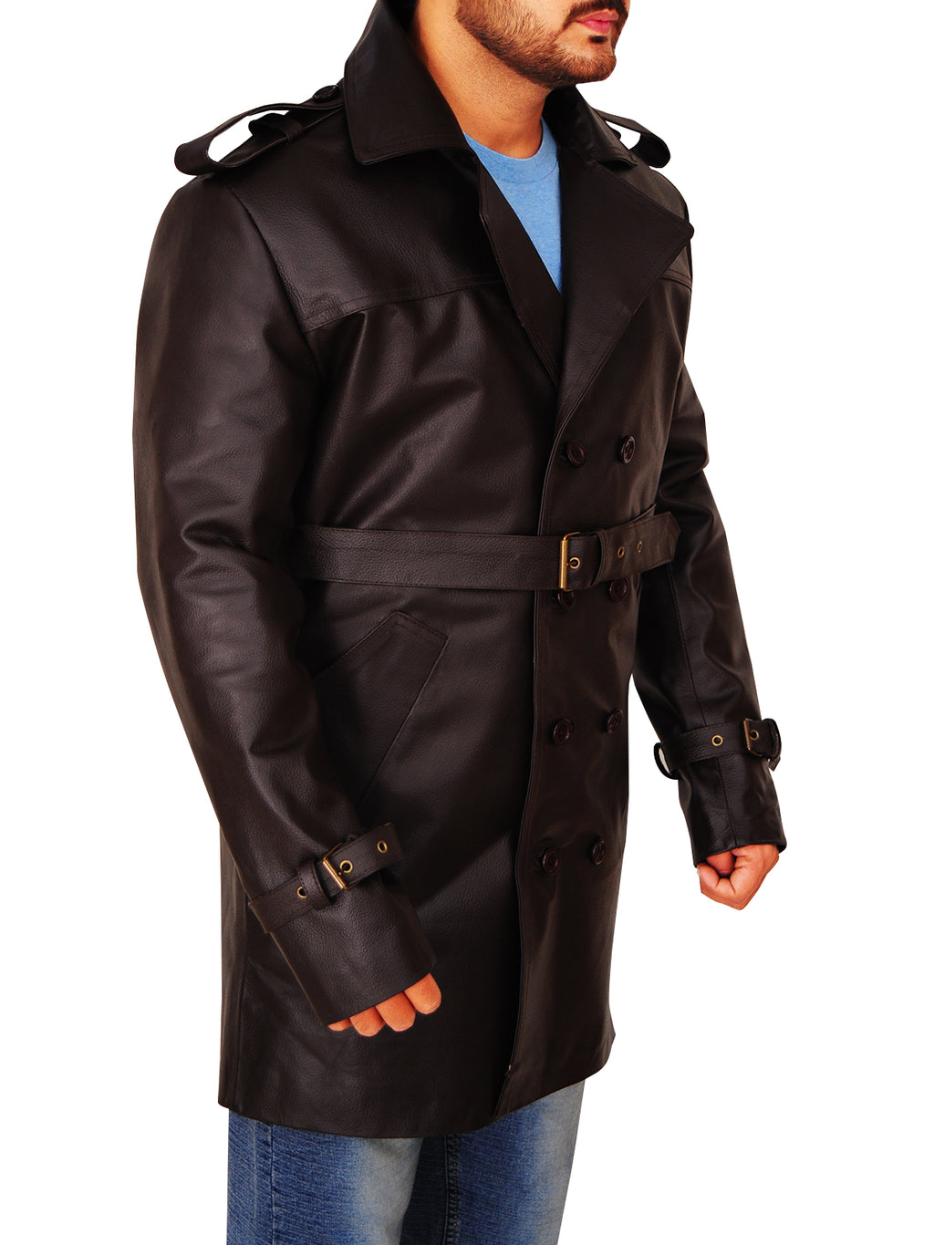 Men Brown Leather Peacoat - Shearling leather