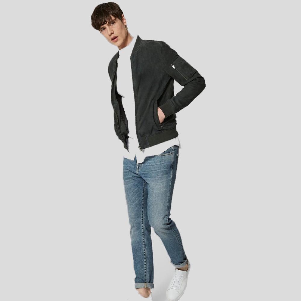 Lucy Dark Green Suede Bomber Leather Jacket - Shearling leather