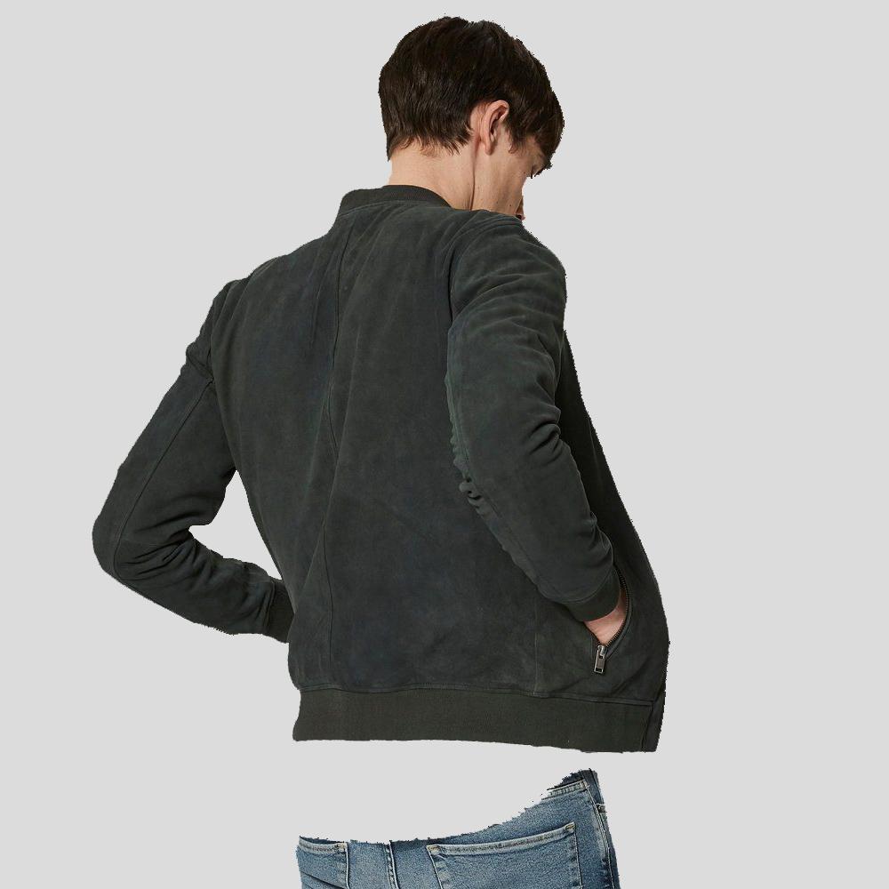Lucy Dark Green Suede Bomber Leather Jacket - Shearling leather