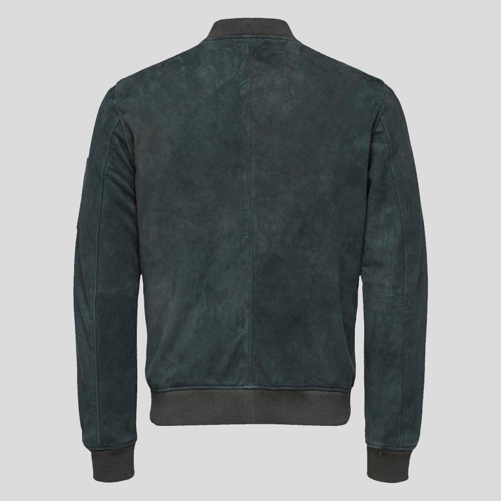 Lucy Dark Green Suede Bomber Leather Jacket - Shearling leather