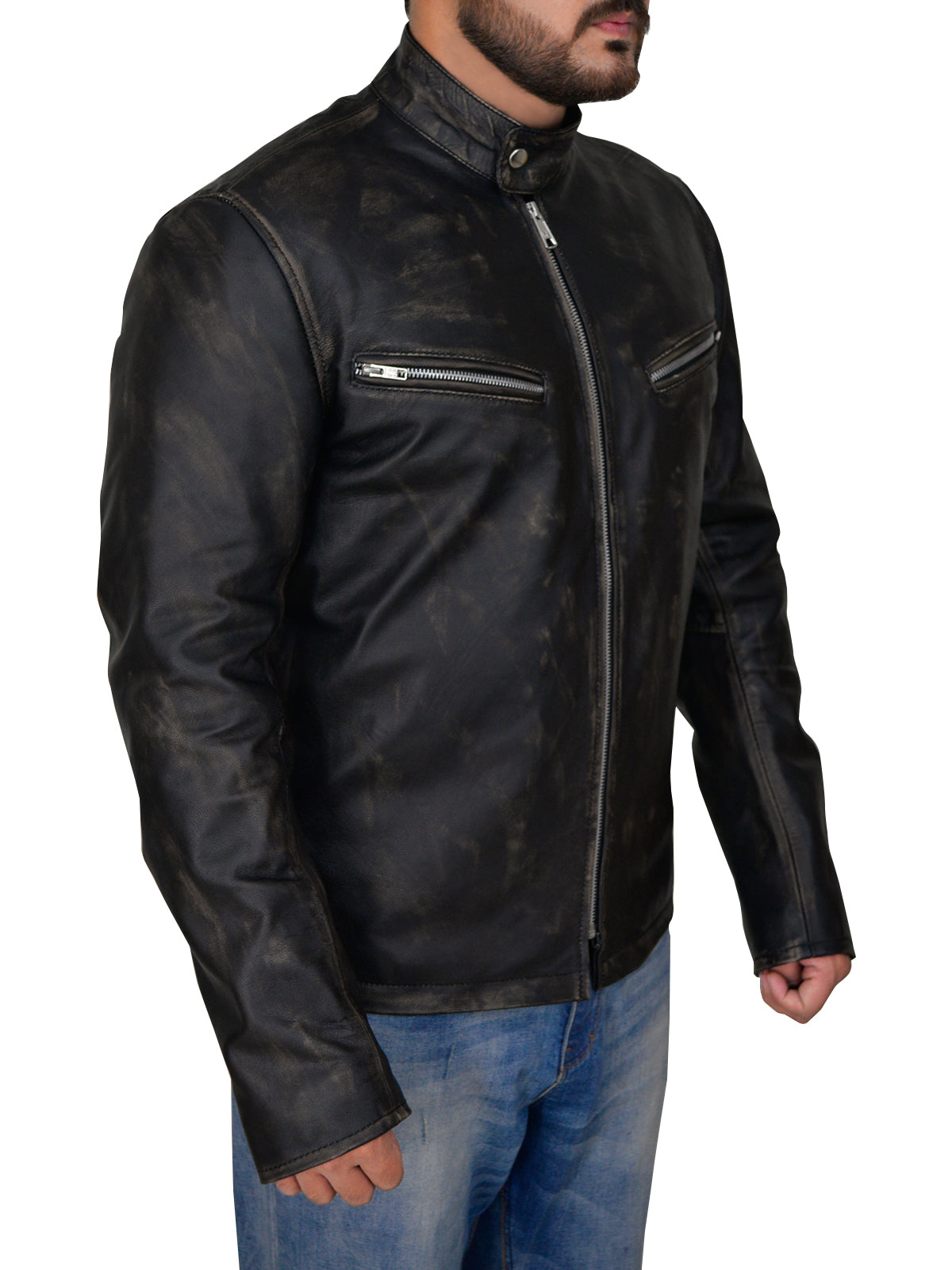 Men Distressed Black Cafe Racer Jacket - Shearling leather